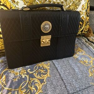 Vintage Versace Black Leather  Briefcase with Medusa Sun Medallion